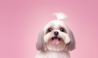  Portrait of a puppy dog , Closeup portrait of funny, cute, happy dog, looking at the camera with mouth open isolated on colored background. Copy space. 