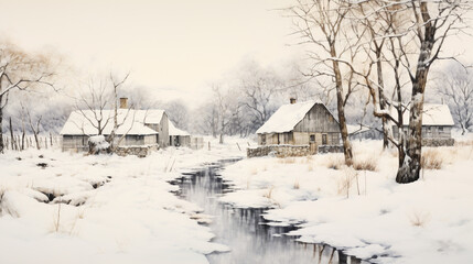 Winter landscape with a small river and old houses in the background.
