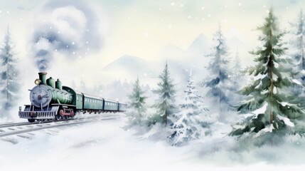 Watercolor christmas greeting card of a  train in the snow.y forest landscape with trees and snowflakes