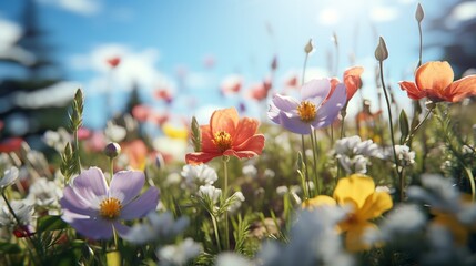 Fields of spring flowers. Generative Ai. - obrazy, fototapety, plakaty
