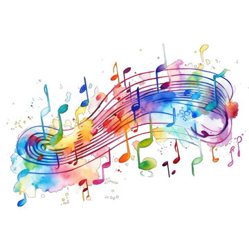 Abstract Music notes, rainbow colors in a watercolor paint splash, isolated on transparent background. 