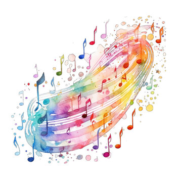 Abstract Music notes, rainbow colors in a watercolor paint splash, isolated on transparent background. 