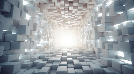A mosaic of white cubes in perspective, forming a tunnel