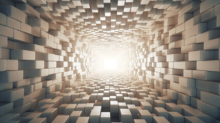 A mosaic of white cubes in perspective, forming a tunnel - obrazy, fototapety, plakaty