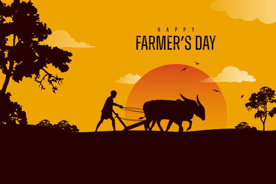 Happy Farmers Day Text with an Indian farmer farming silhouette vector illustration for a social media creative post template 