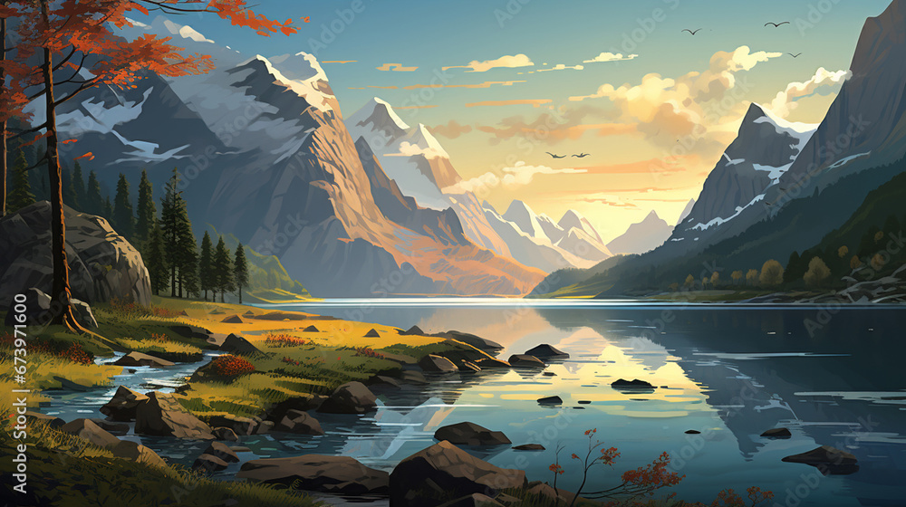 Wall mural Norway flat art landscape