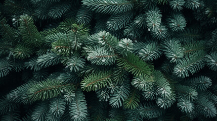 A background of fir branches on which snow is falling