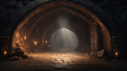 A stone tunnel with light at its end - obrazy, fototapety, plakaty