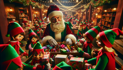 Santa Claus, a cheerful man with a white beard and a red suit, surrounded by his elf helpers in a vibrant workshop. The scene is bustling with activity as they pack a variety of colorful toys