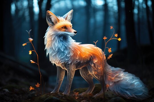 A image of Spirit of the fox at night in the forest Generative AI