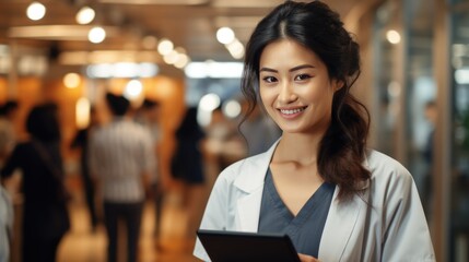 A photo of Doctor asian woman and tablet for medical plan Generative AI