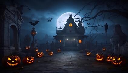 Fototapeta na wymiar Halloween night scene background with castle with Halloween pumpkin within flames in the graveyard.