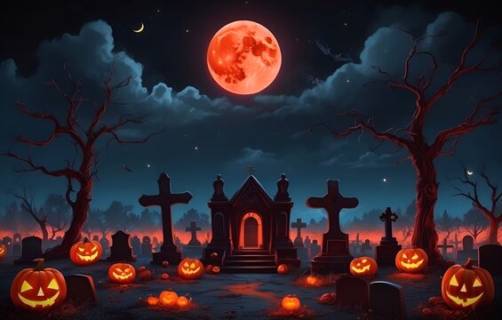Halloween night scene background with castle with Halloween pumpkin within flames in the graveyard.
