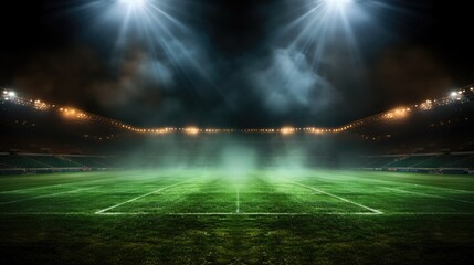 A photo of Green soccer field bright spotlights night view Generative AI