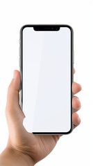 Vista frontal da mão segurando o smartphone, fundo branco