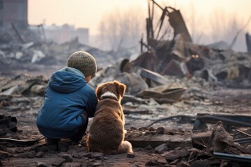 A boy with his dog contemplating the destruction of his city. AI generated image - obrazy, fototapety, plakaty