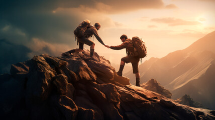 Couple helping each other climb to the top of the mountain