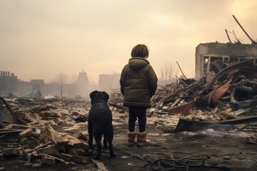 A boy with his dog contemplating the destruction of his city. AI generated image - obrazy, fototapety, plakaty