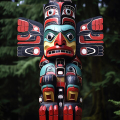 tribal totem pole in the forest - obrazy, fototapety, plakaty