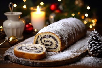 poppy seeds roll slices with powdered sugar on the christmas table