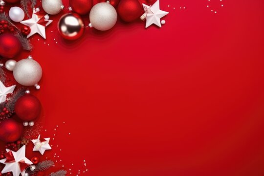 Composition with Christmas elements for greeting cards, announcements or presentations. Red Background. AI generated image