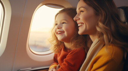Joyful little girl and woman sitting in passenger airplane - obrazy, fototapety, plakaty