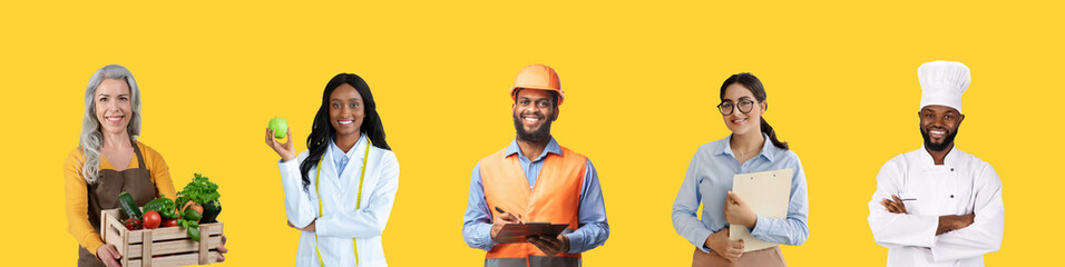 Diverse People Of Different Professions Posing Isolated Over Yellow Background - obrazy, fototapety, plakaty