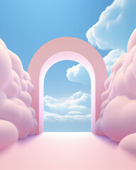 Vibrant gateway in the sky with fluffy clouds, cartoon arch