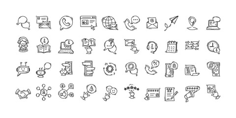 Contact us doodle big set. Sketch hand drawn icons. Chat bot and artificial intelligence. Customer support and technical service. Social media followers and communication. Information desk.