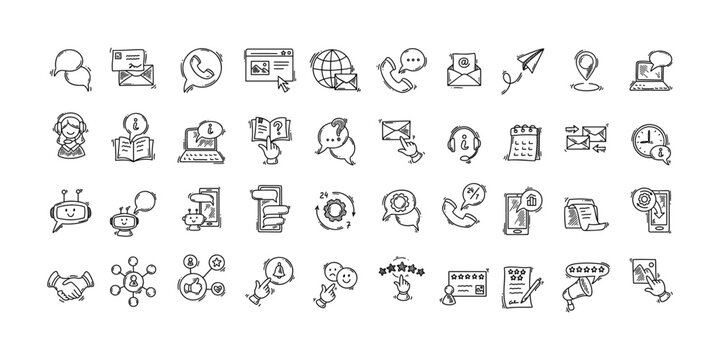 Contact us doodle big set. Sketch hand drawn icons. Chat bot and artificial intelligence. Customer support and technical service. Social media followers and communication. Information desk.