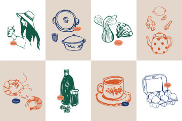 Minimalist hand drawn food and drink vector illustration collection. Art for postcards, branding, logo design, background.