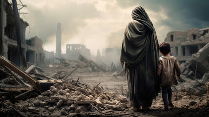 woman with a child in her arms against the backdrop of a destroyed city - obrazy, fototapety, plakaty