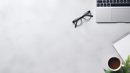 Office workspace with a desk, a laptop, glasses, and coffee with a flat view and copy space, ai generative