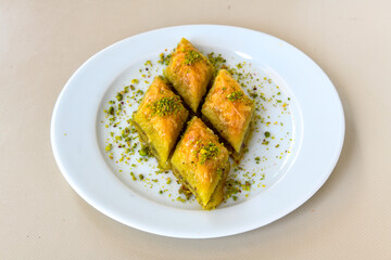 Turkish Dessert Sobiyet  Baklava, mussels baklava and classic baklava with Pistachio . Cevizli, Fistikli Baklava, top view.