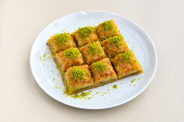 Turkish Dessert Sobiyet  Baklava, mussels baklava and classic baklava with Pistachio . Cevizli, Fistikli Baklava, top view.