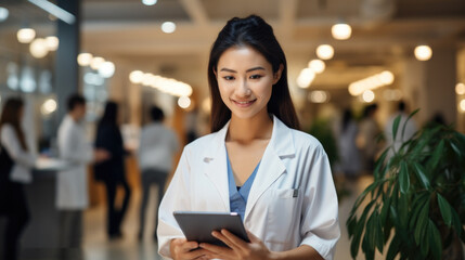 Doctor asian woman and tablet for medical plan Generative AI