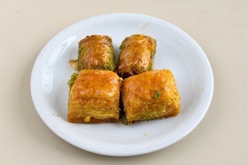 Turkish Dessert Sobiyet  Baklava, mussels baklava and classic baklava with Pistachio . Cevizli, Fistikli Baklava, top view.