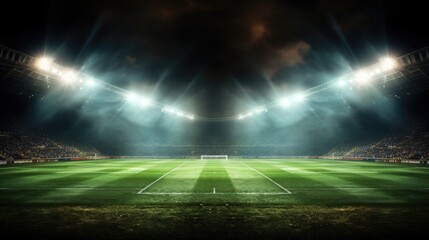 Green soccer field bright spotlights night view Generative AI