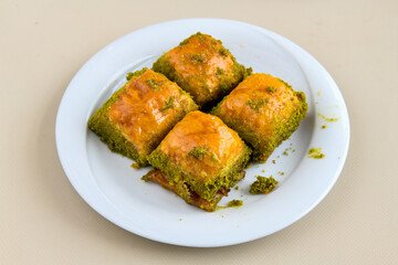 Turkish Dessert Sobiyet  Baklava, mussels baklava and classic baklava with Pistachio . Cevizli, Fistikli Baklava, top view.