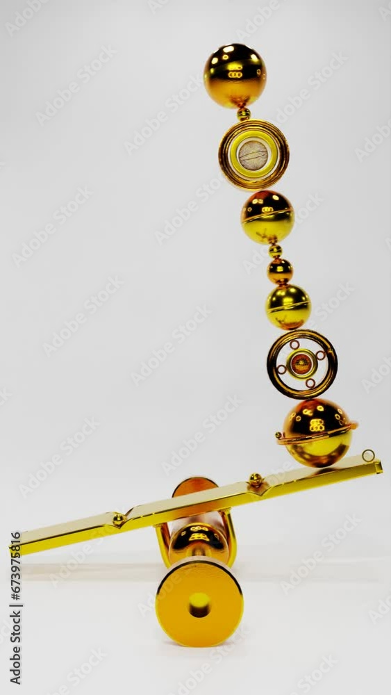 Poster yellow metal spheres roll back and forth on a white background. 3d render. looping animation