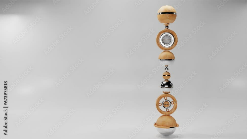 Poster spheres made of different materials, wood and metal, roll back and forth on a white background. 3d r