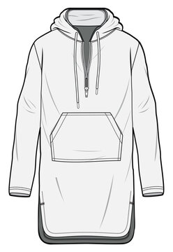Long Side Slit Hoodie Fashion Flat Sketch Vector Illustration, CAD, Technical Drawing, Flat Drawing, Template, Mockup.