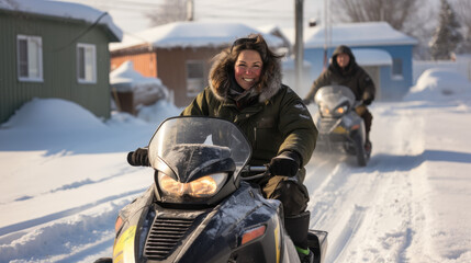 woman riding snowmobile in northern village
