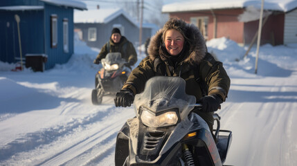 Fototapeta na wymiar woman riding snowmobile in northern village