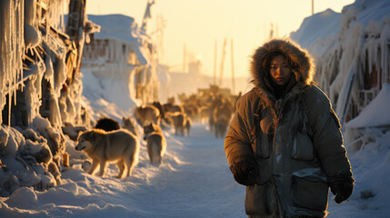 woman in northern village with sled dogs - obrazy, fototapety, plakaty