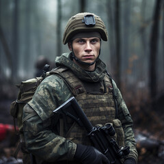 Naklejka premium Russian Army soldier in full armor, portrait, dark background.