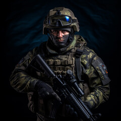 Naklejka premium Russian Army soldier in full armor, portrait, dark background.