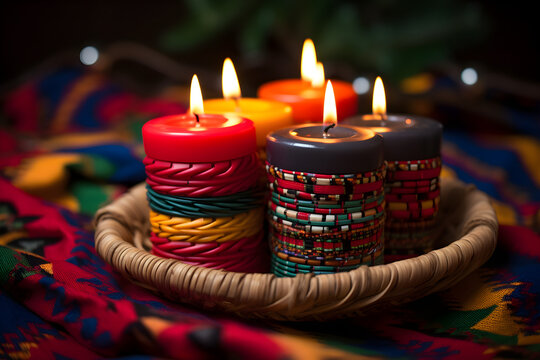 colorful candles for Kwanzaa on a woven mat