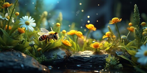 Summer flowering bee. Generative Ai. - obrazy, fototapety, plakaty