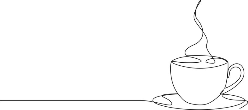 continuous single line drawing of cup with steaming hot coffee or tea, line art vector illustration